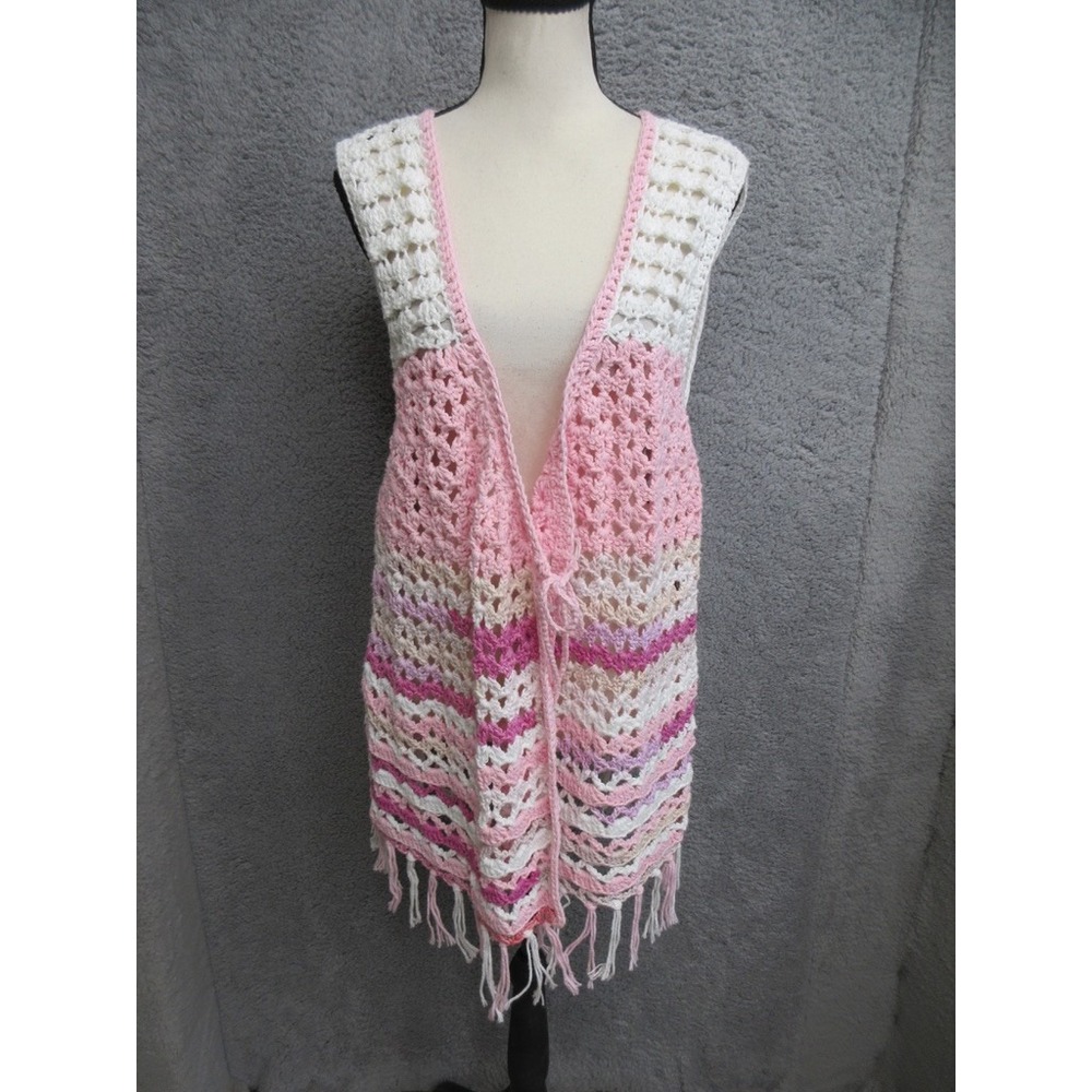 Handmade Pink Granny Square Crochet Vest M/L Fringe Boho Festival Top Vintage